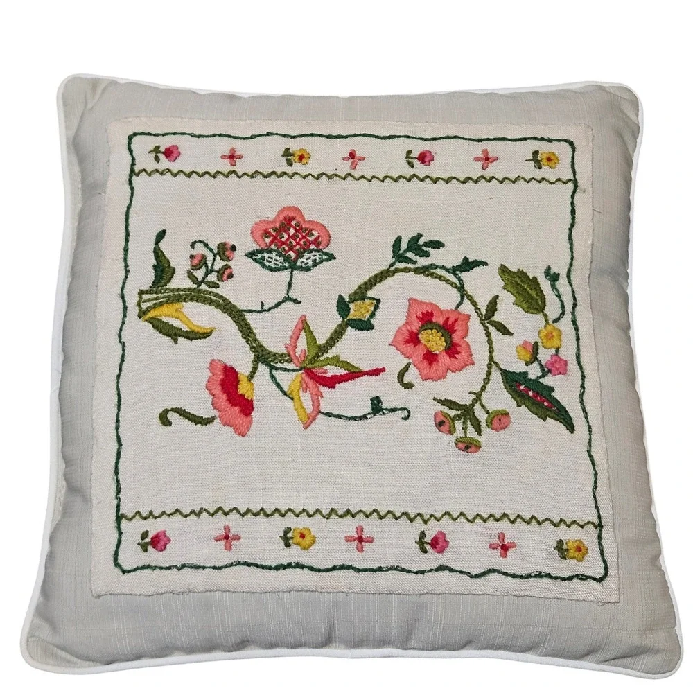 Vintage Style Hand Embroidered Floral Pillow Cottagecore Folk Art Needlework